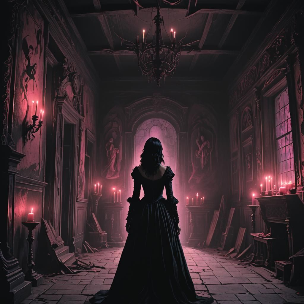 Spooky Girl in Haunted House: Dark Fantasy Illustration