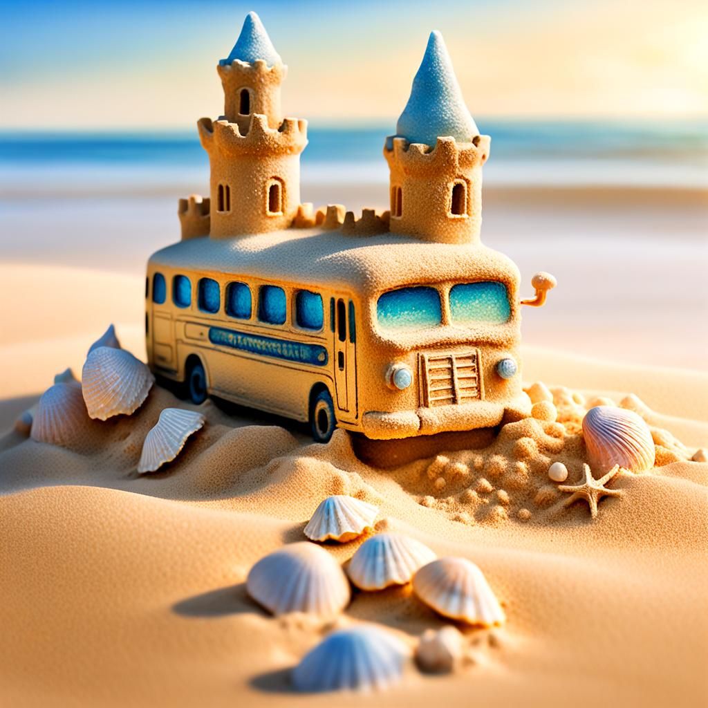 Impressionist Sandcastle Bus on a Beach