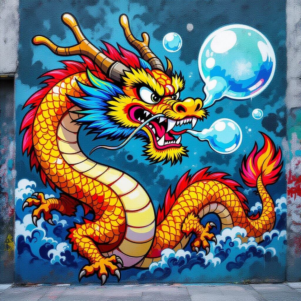 Whimsical Japanese Dragon Breathes Neon Bubbles in Street Ar...