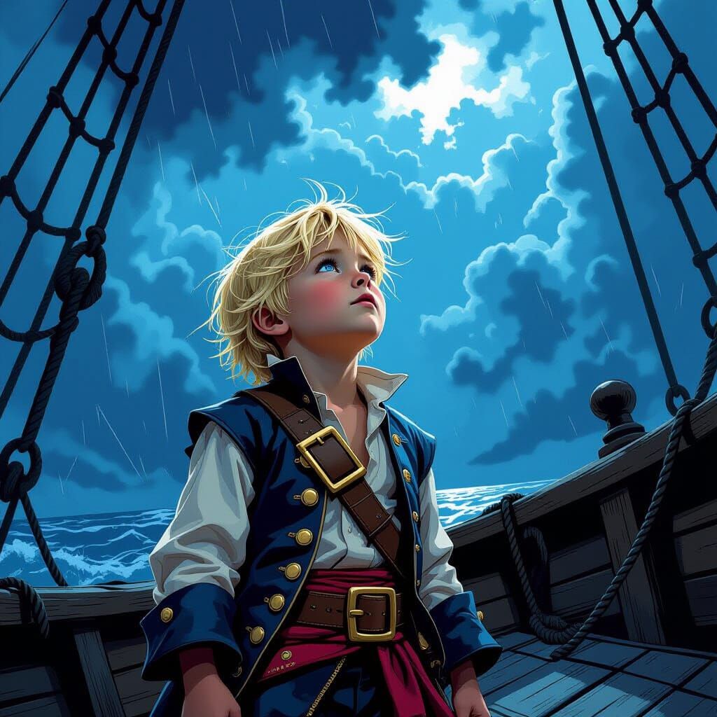 Young Pirate Boy Gazes at Stormy Starry Sky