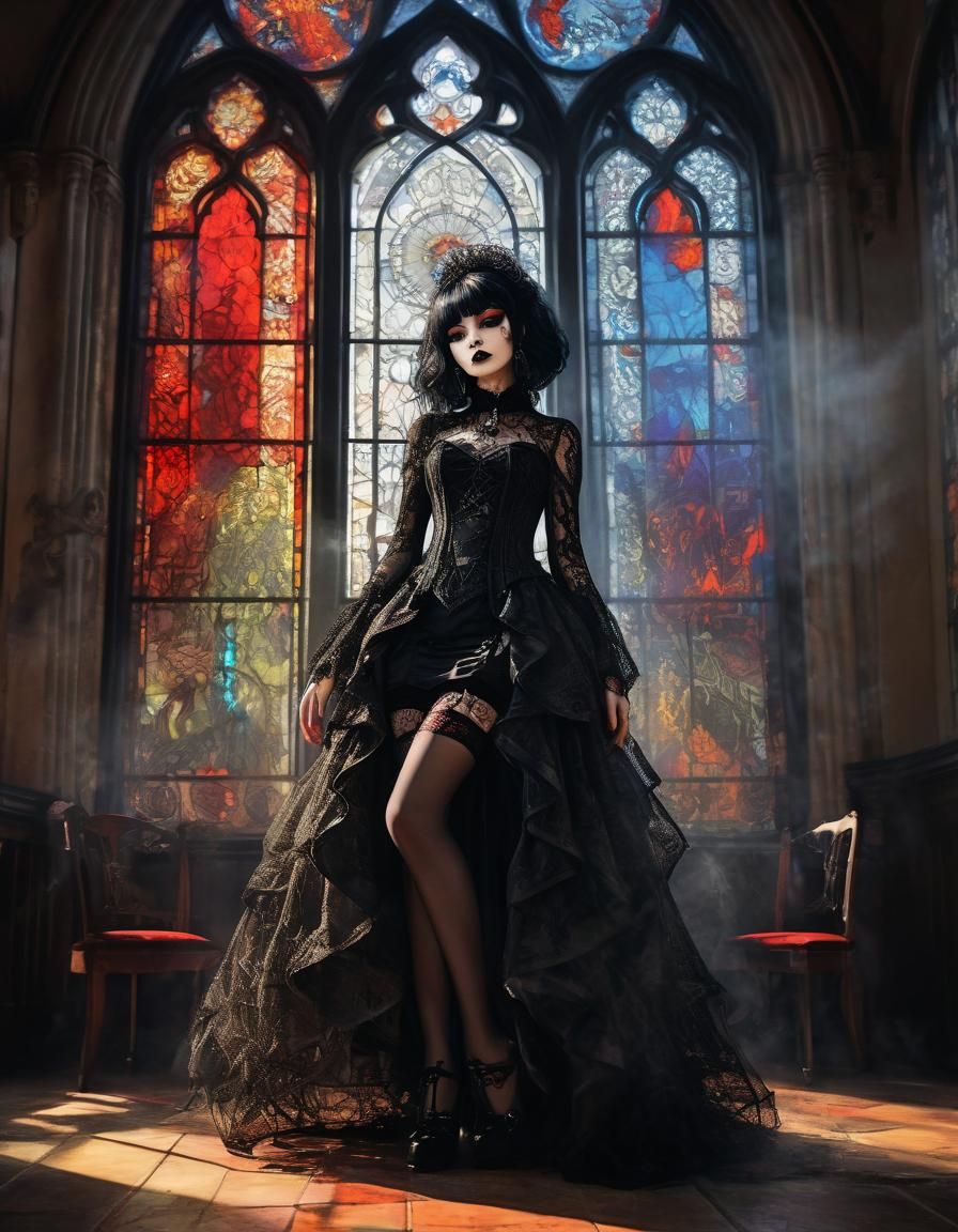 Gothic Lady in Red Stained Glass Window