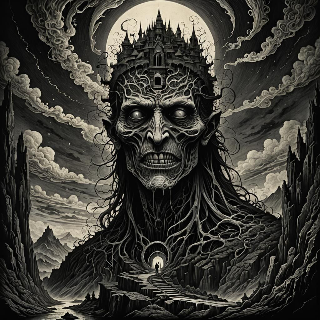 Scratchboard Ink Banshee Mount Olympus Hyperdetailed Junji o...