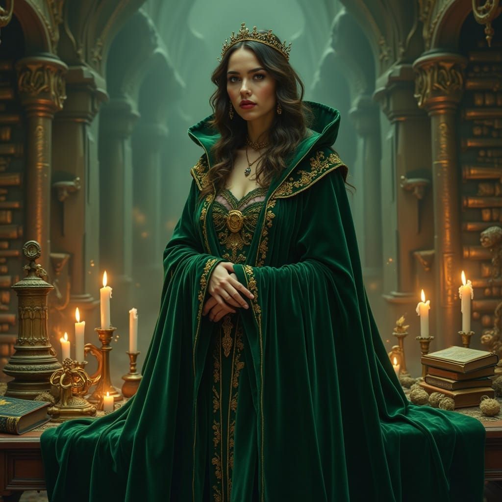 Mystical Enchantress in Velvet Cloak, Amidst Ancient Tomes a...