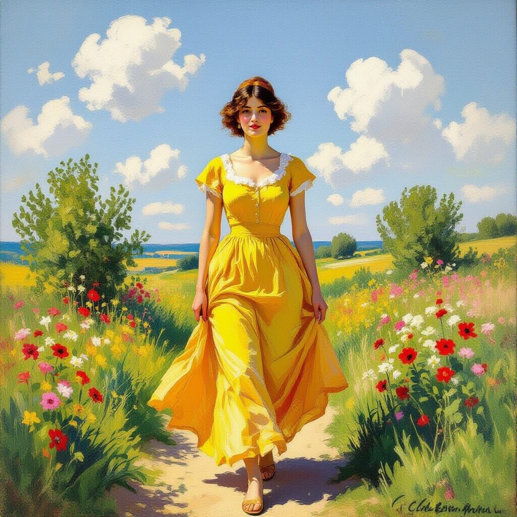 Impressionist Woman in Sunny Floral Landscape