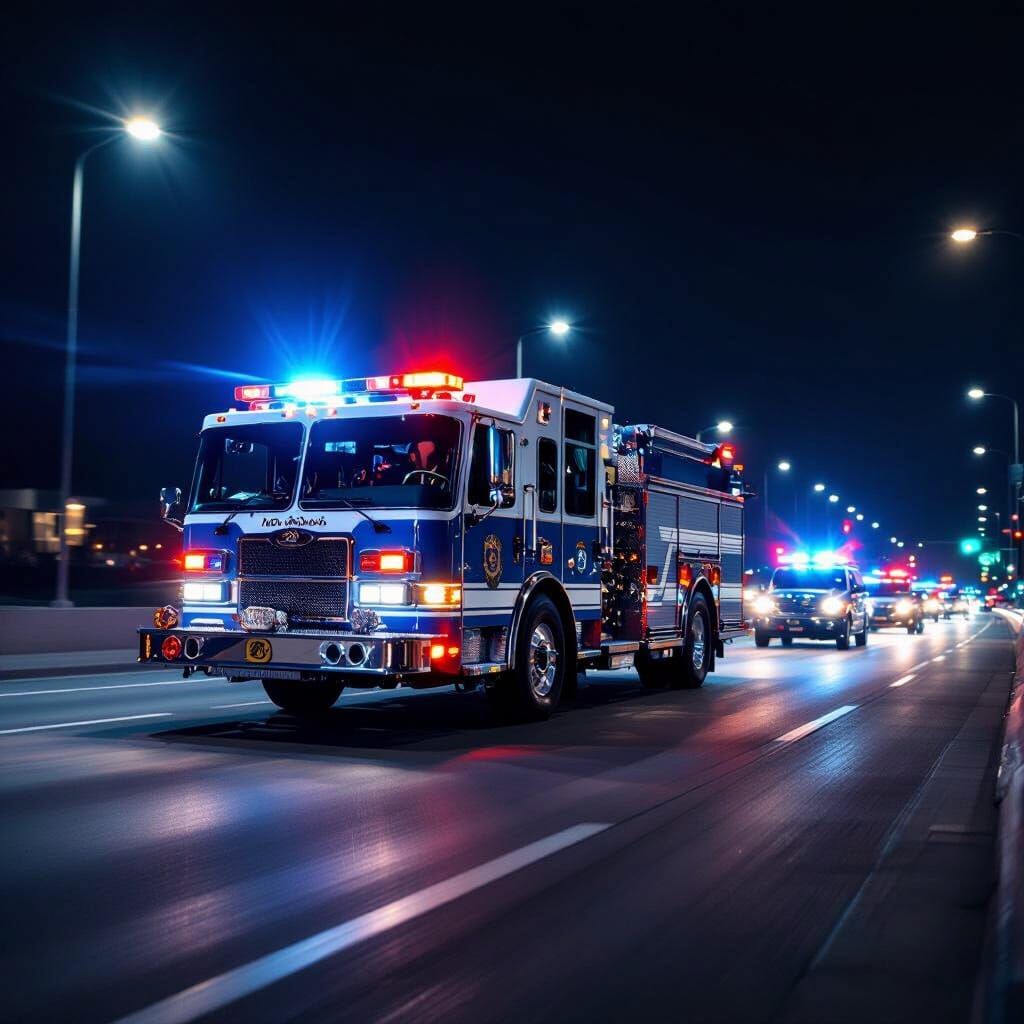 Blue Fire Engine Speeds Down Highway At Night