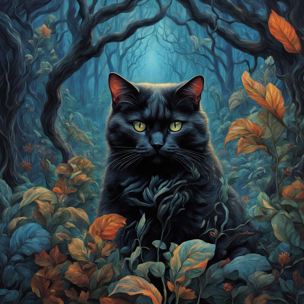 Surreal Fusion of Black Cat and Elephant in Mystical Forest