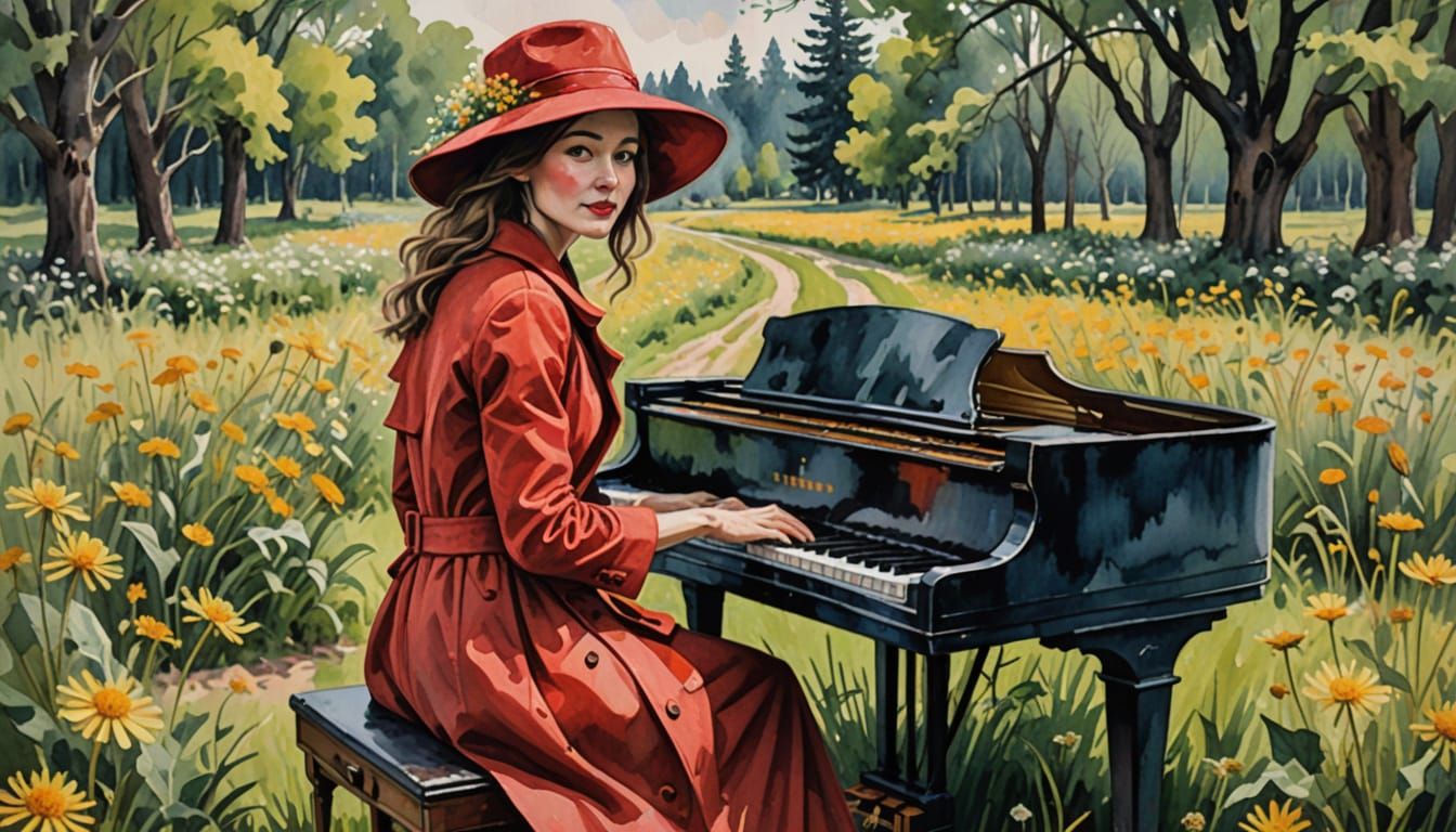 Deteriorated Piano Adorned with Dandelions in Watercolor Sty...