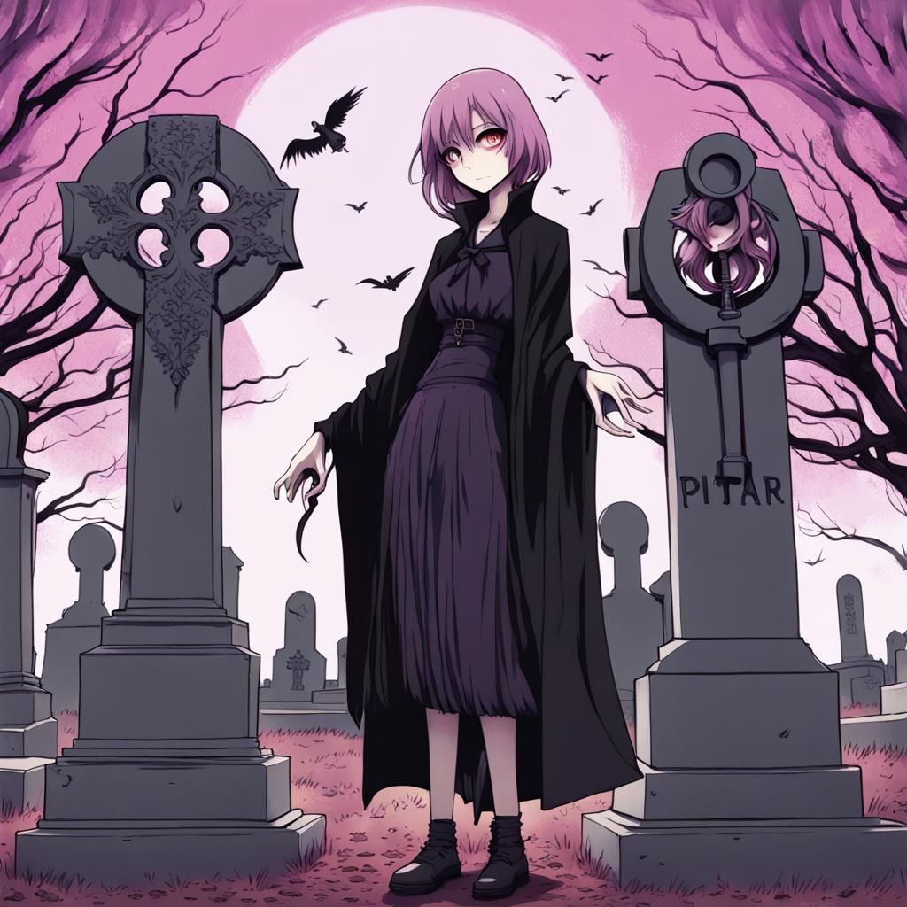 Female Reapers Posing in Cemetery, Tim Burton Style