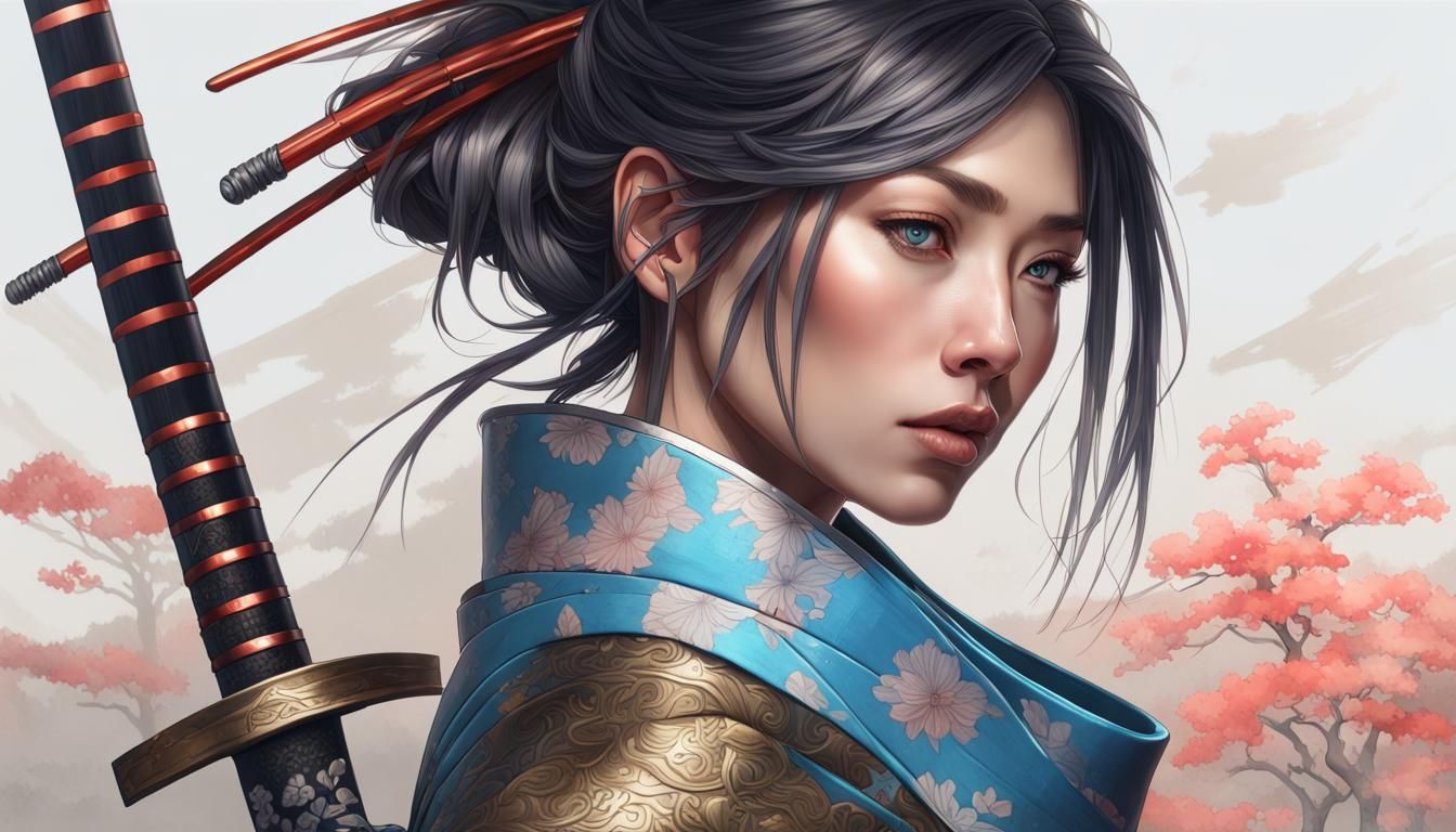 Blue-Eyed Woman in Samurai Armor: Hyperdetailed Portrait
