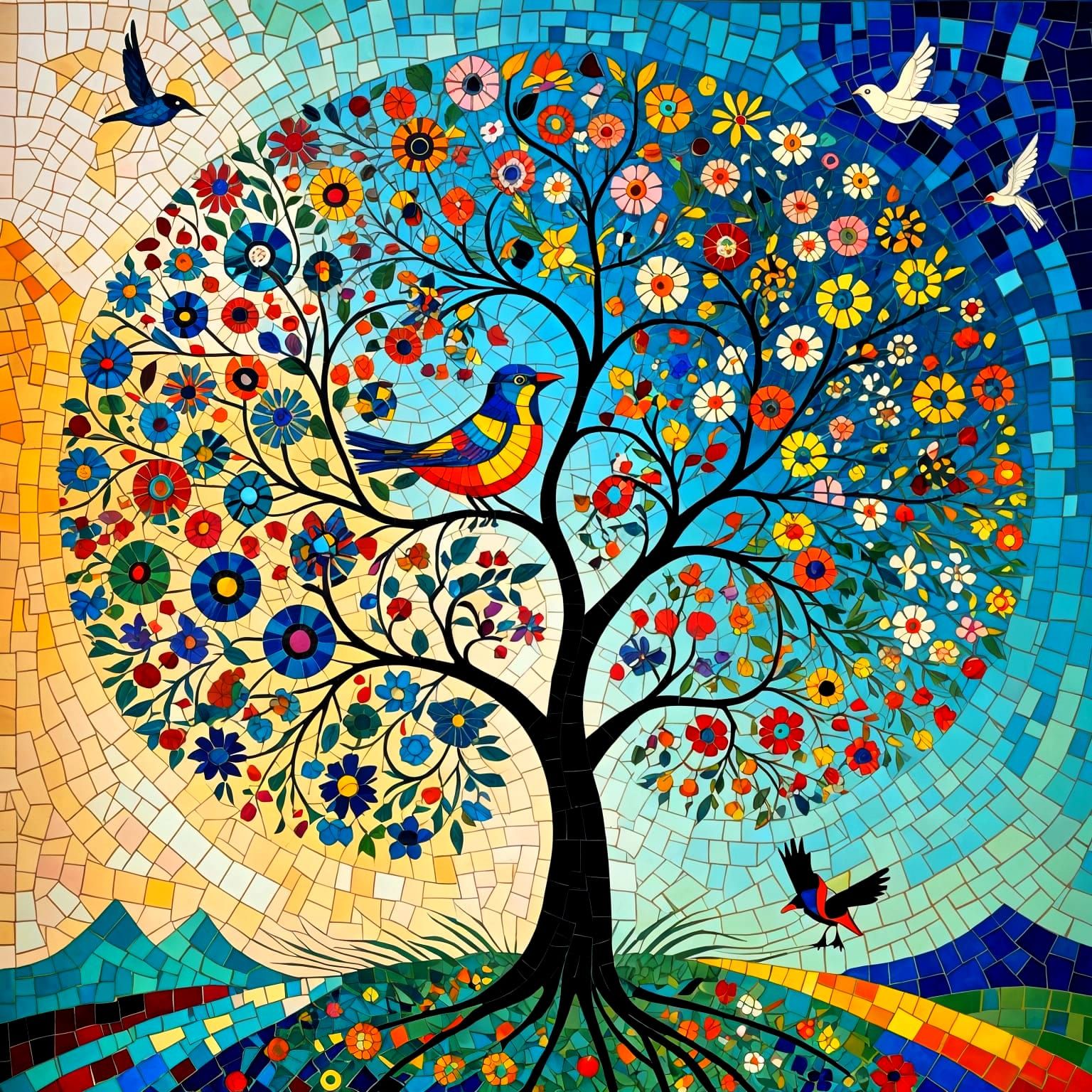 Vibrant Blossom Tree Composition in Mosaic Style