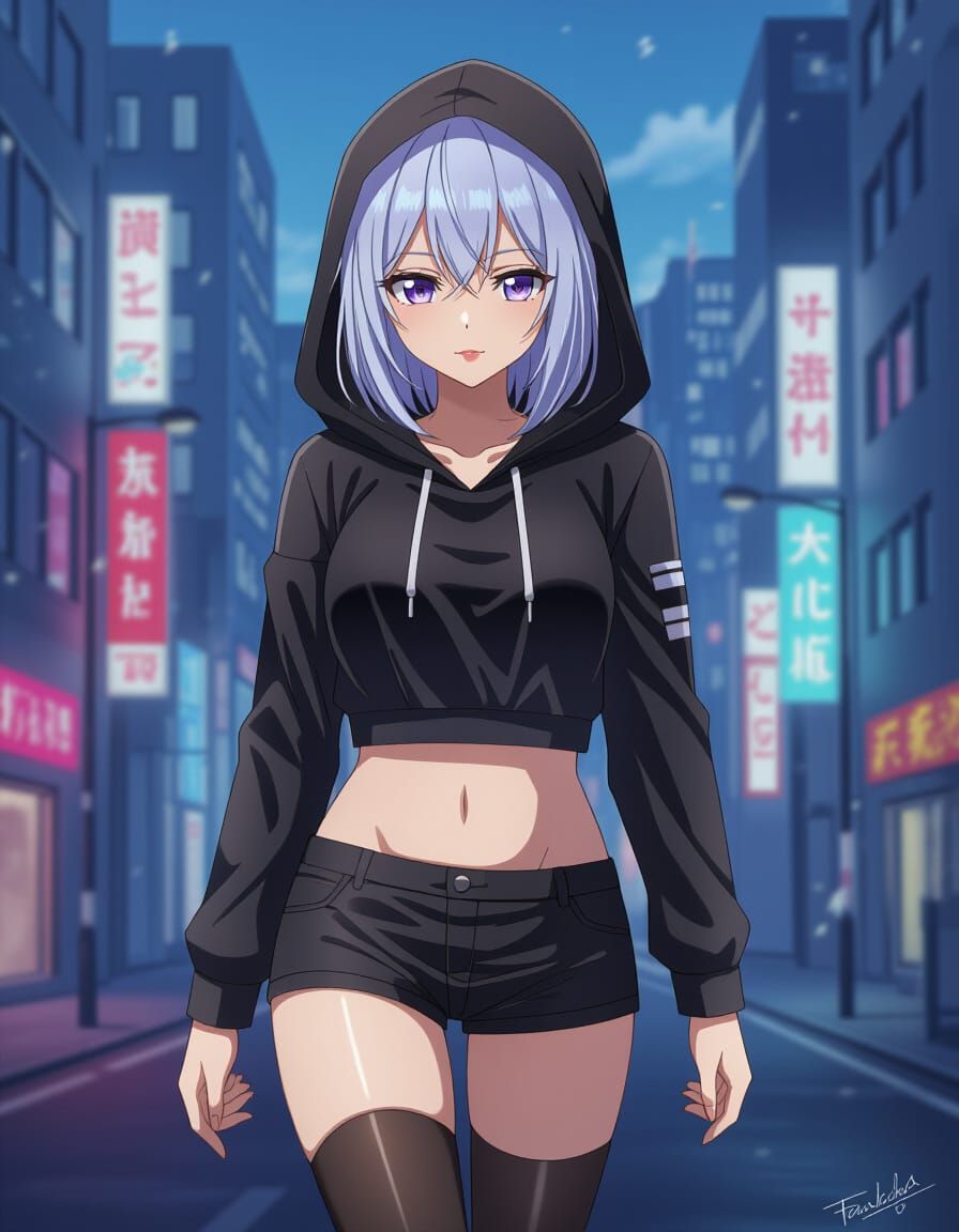 Anime Girl in City Street at Night
