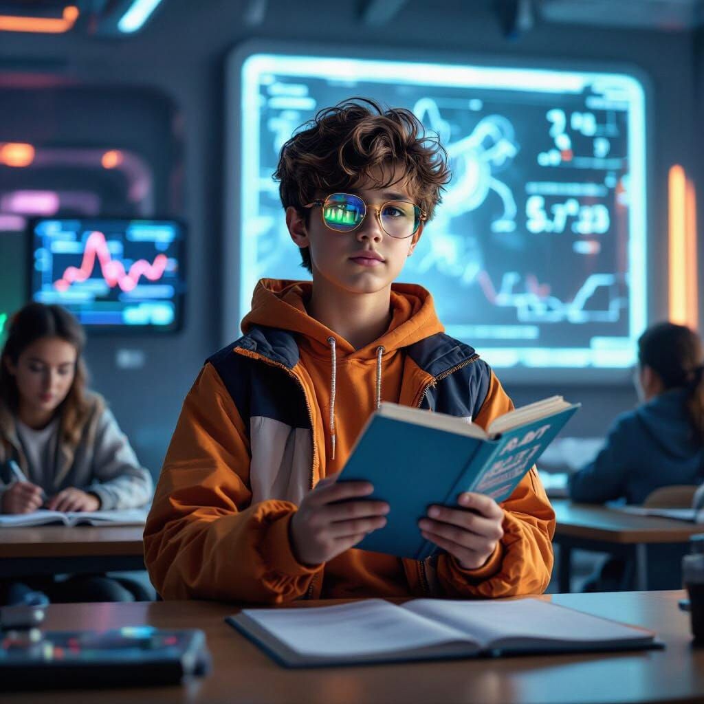 Boy Teaching Calculus in Futuristic Classroom