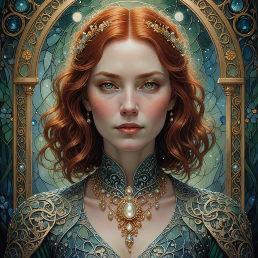 Woman in Elegant Art Nouveau Style Portrait with Fiery Red H...