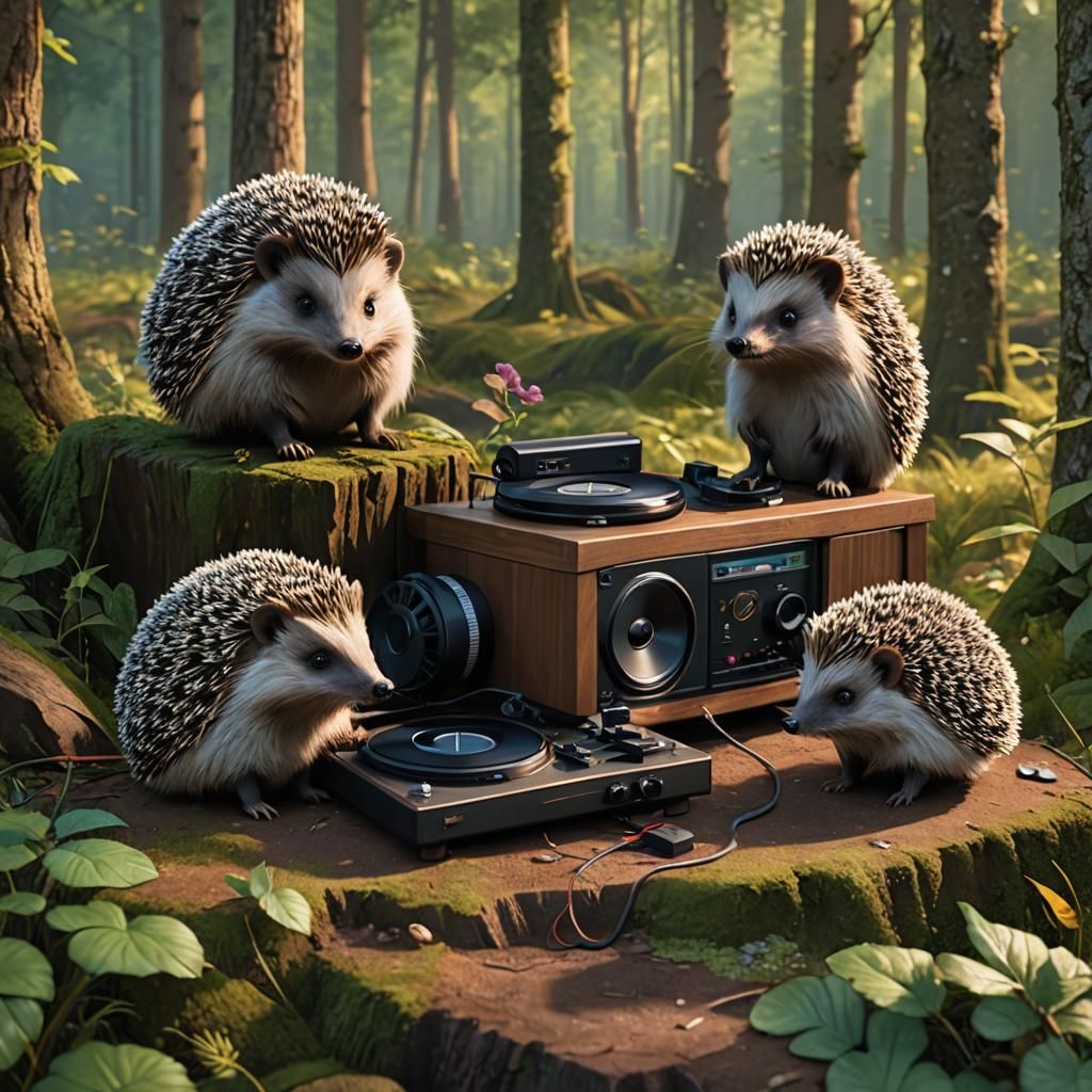 Hedgehogs Listening to Music in Anime Style