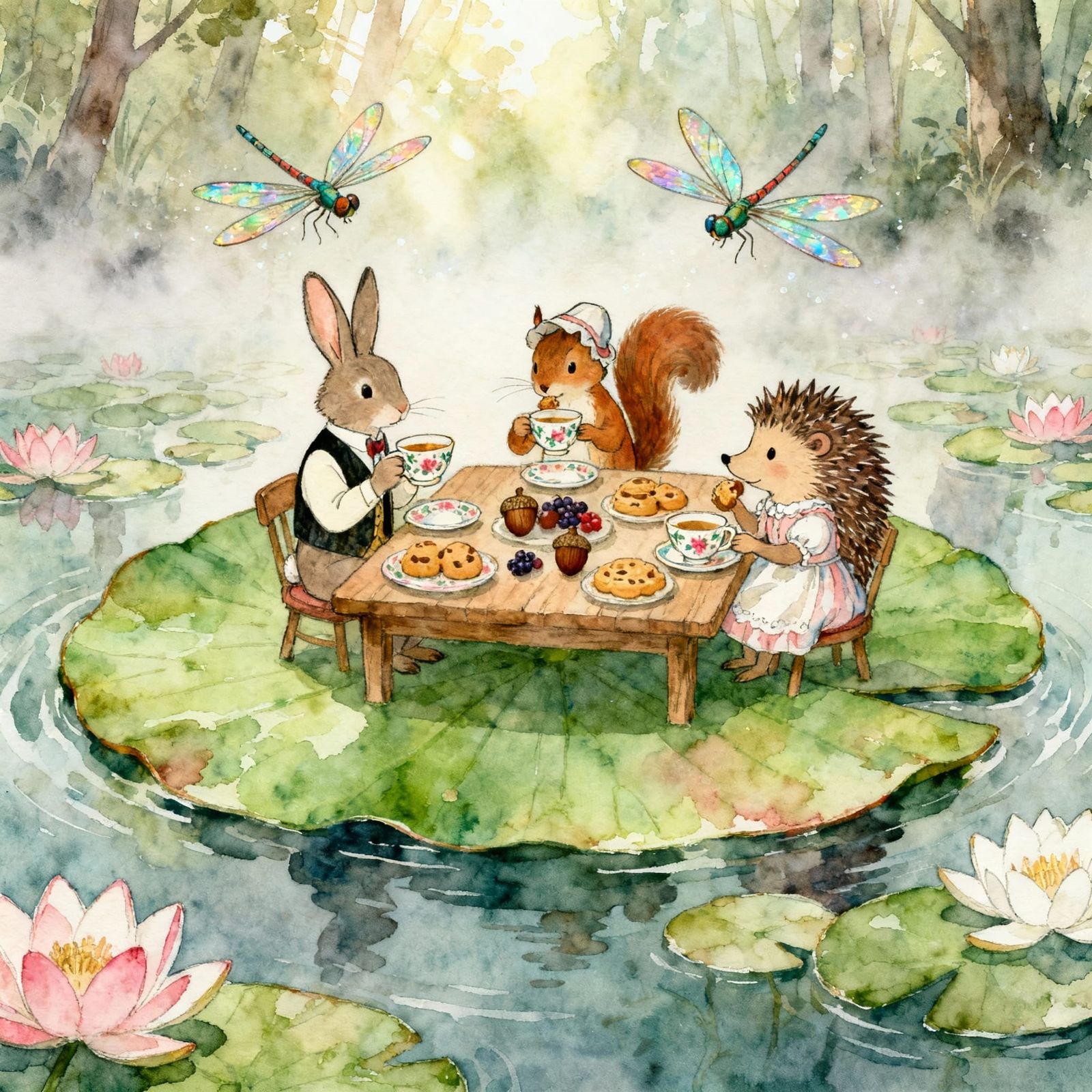 Woodland Creatures Tea Party on Lily Pad in Watercolor Style