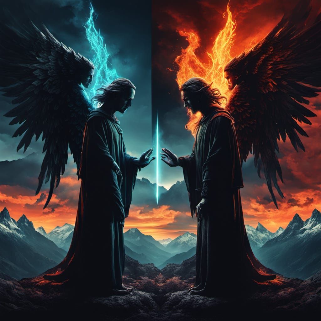 Surreal Angel and Demon Split Screen in Vivid Colors