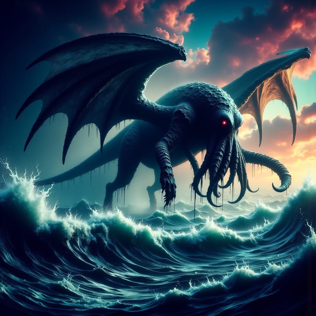 Cthulhu Rising on a Stormy Night in Hyperrealistic Concept A...