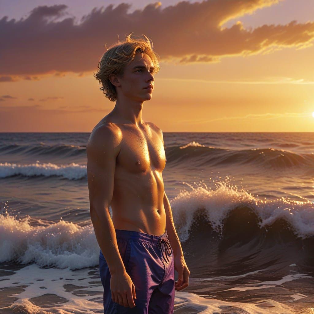 Teenage Boy at Golden Hour Ocean Sunset