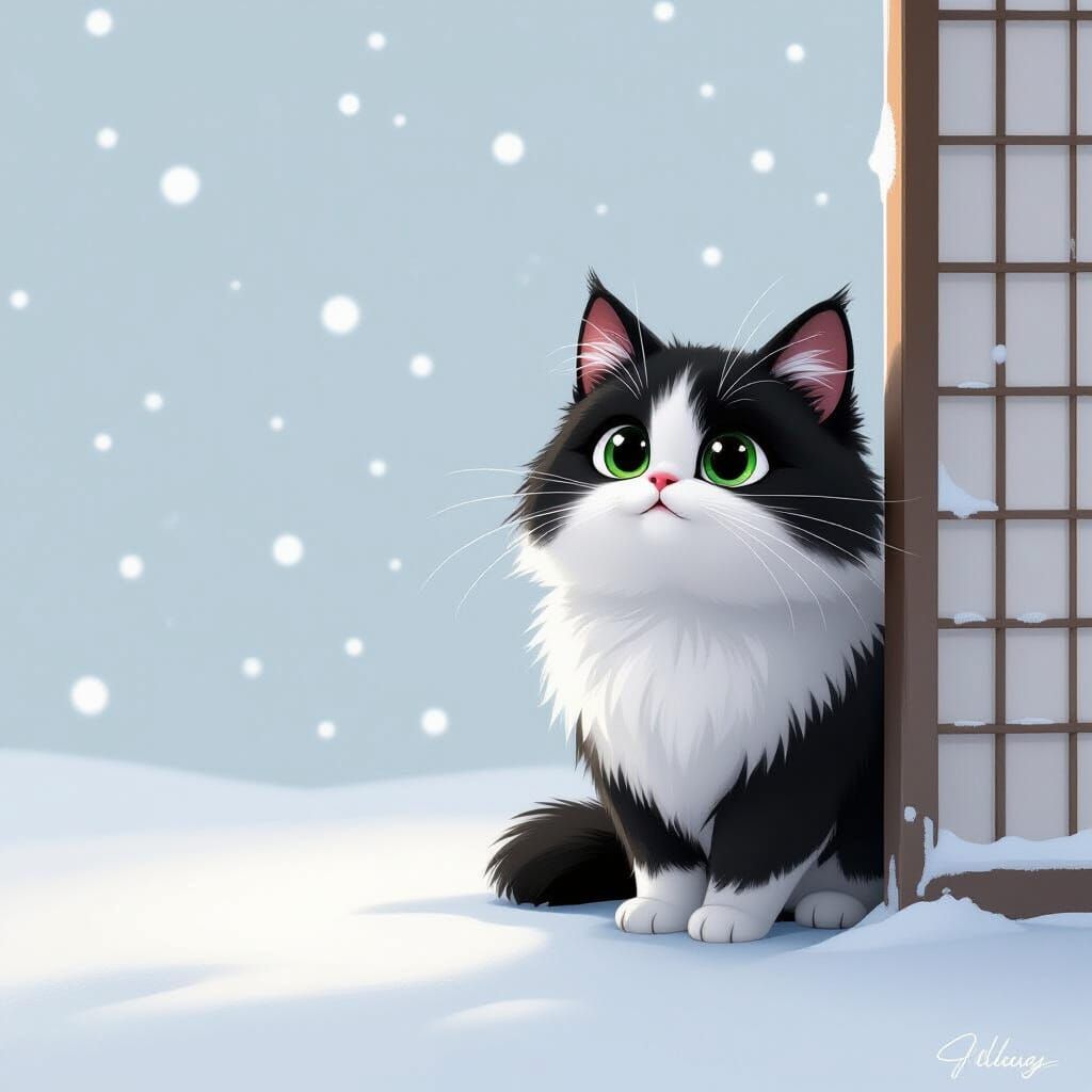 Minimalist Snow White Scene with Whimsical Cat Silhouette