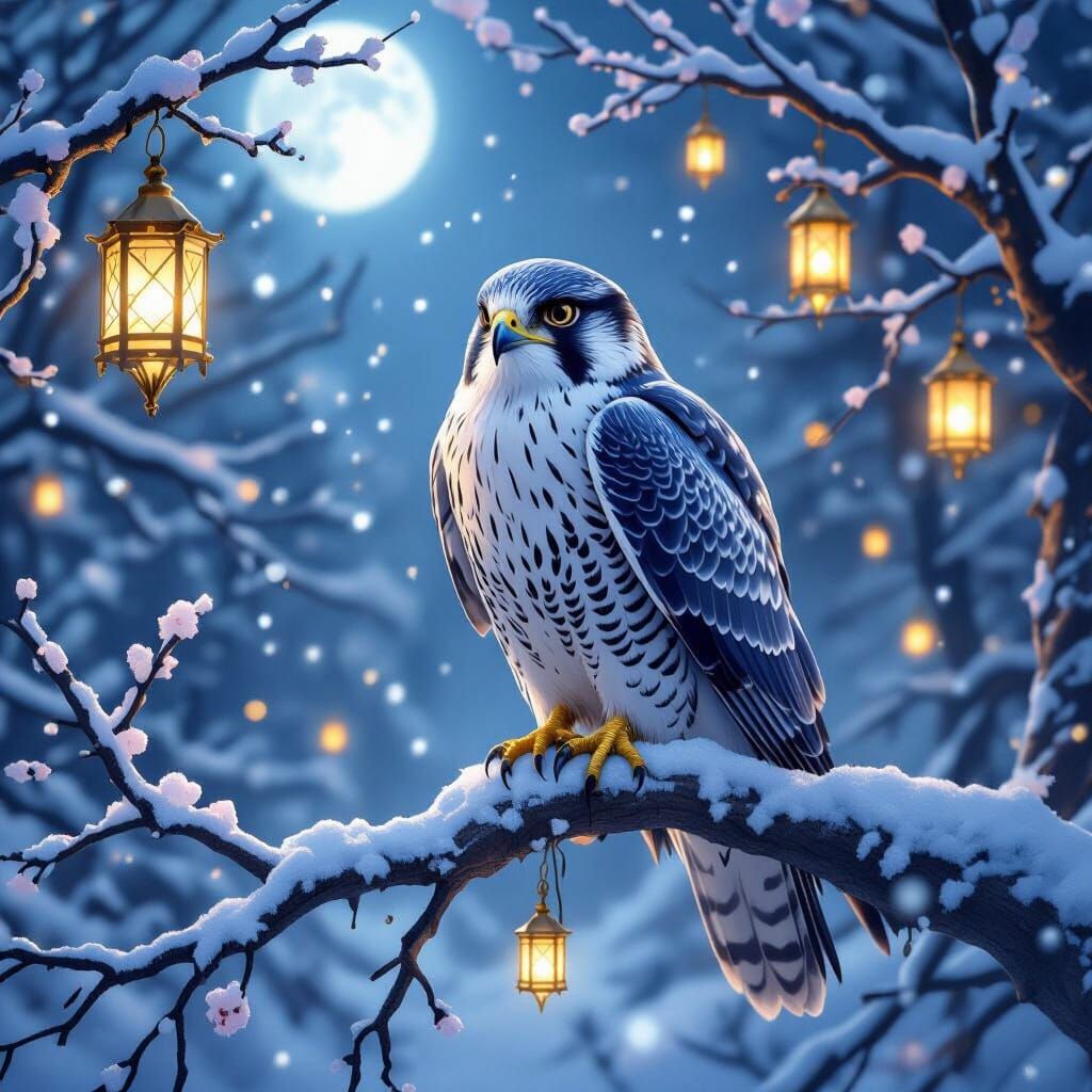 Majestic Falcon in Moonlit Winter Forest