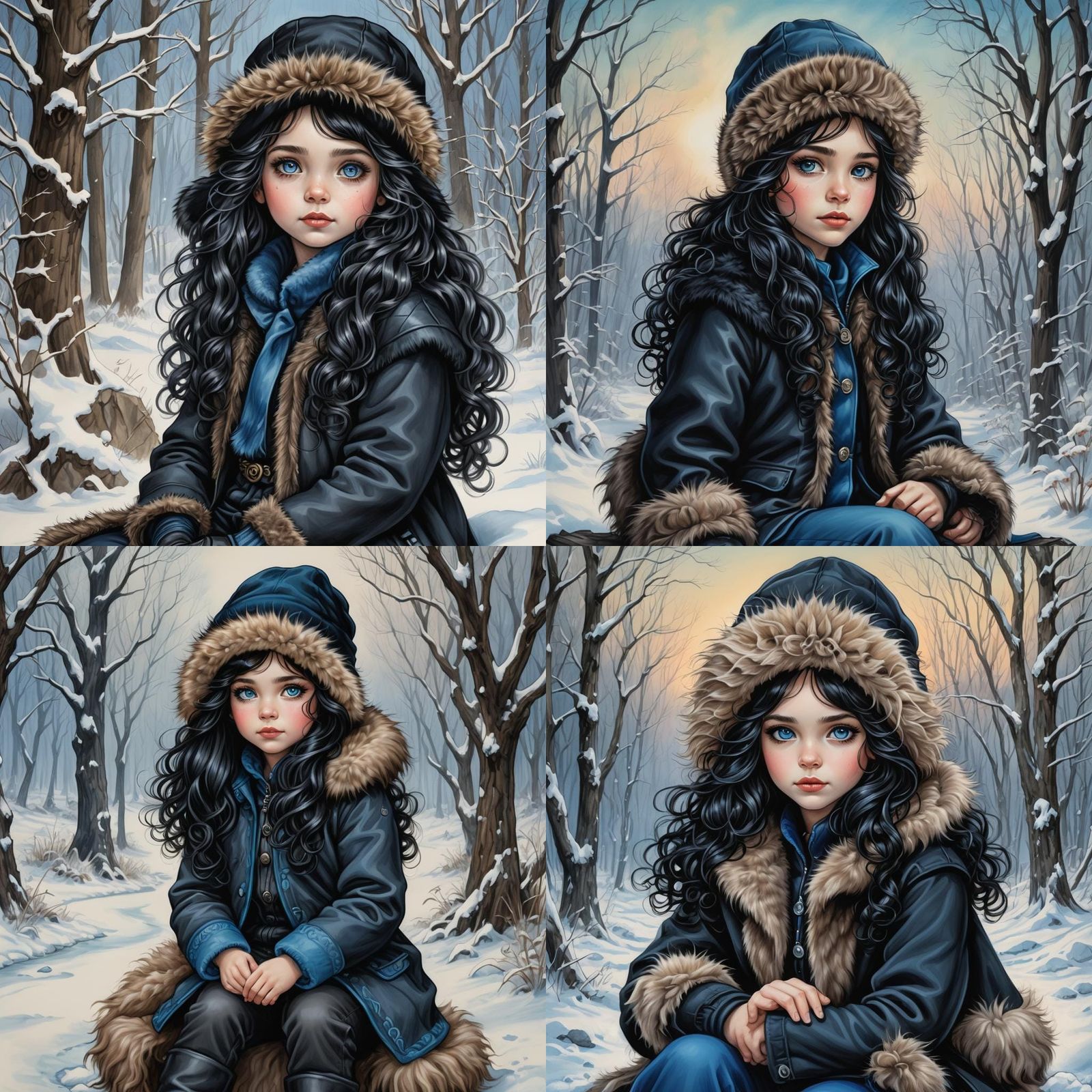 Winter Cartoon Girl with Fur Hat in Colored Pencil Style