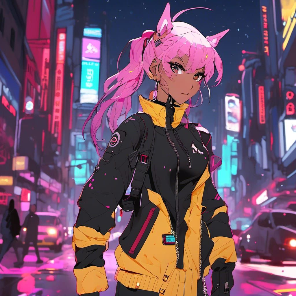 Victorian Punk Woman in Cyberpunk Cityscape