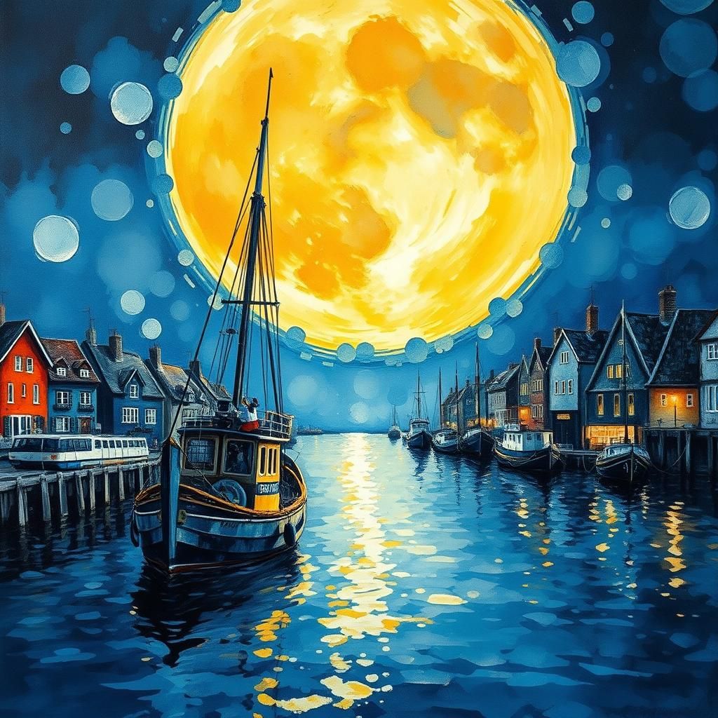 Vaporwave Moonlit Harbor Town in Gouache Style