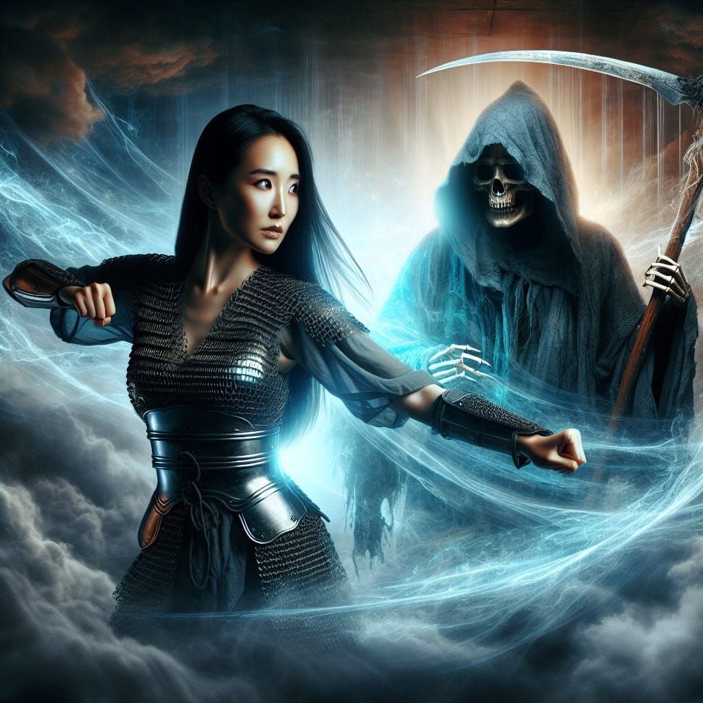 Resilient Woman Battles Fate in Stormy Landscape