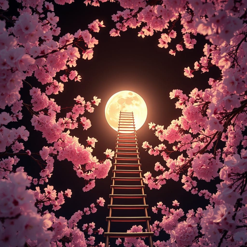 Ethereal Ladder Ascends to Full Moon Amid Cherry Blossoms