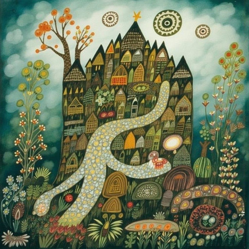 Mystical Abode in Folk Art Style