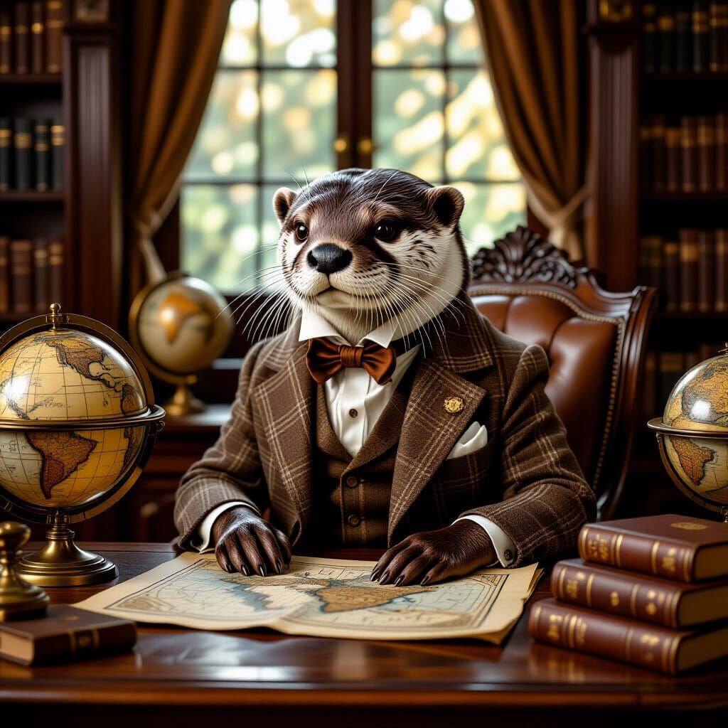 Anthropomorphic Otter Gentleman in Sunlit Library