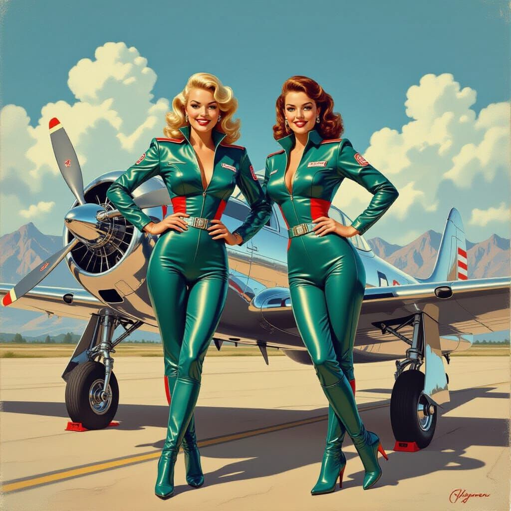 1950s Pin-Up Models in Retro-Futuristic Suits with Aircraft