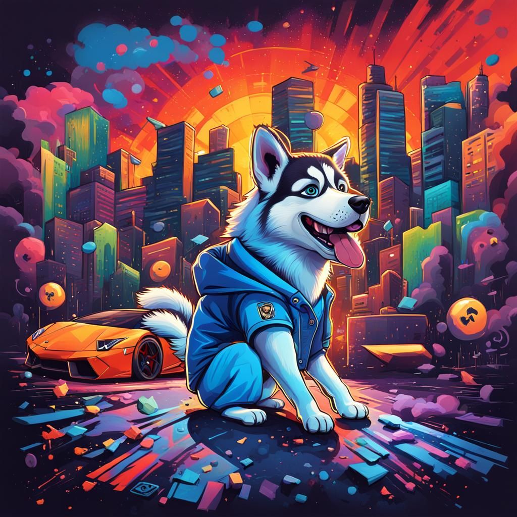 Husky Rapper in Lamborghini, Graffiti Splash Art