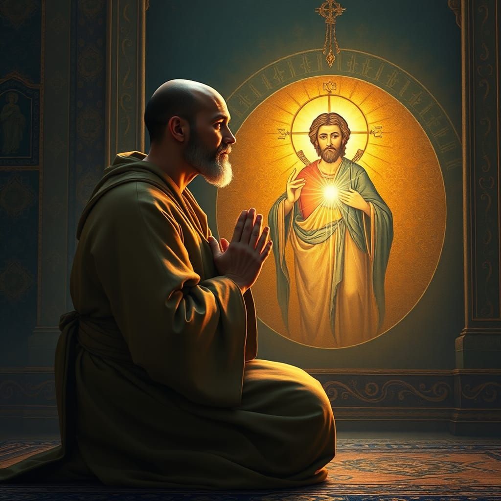 Monk's Joyful Reverence Before Holy Spirit Icon