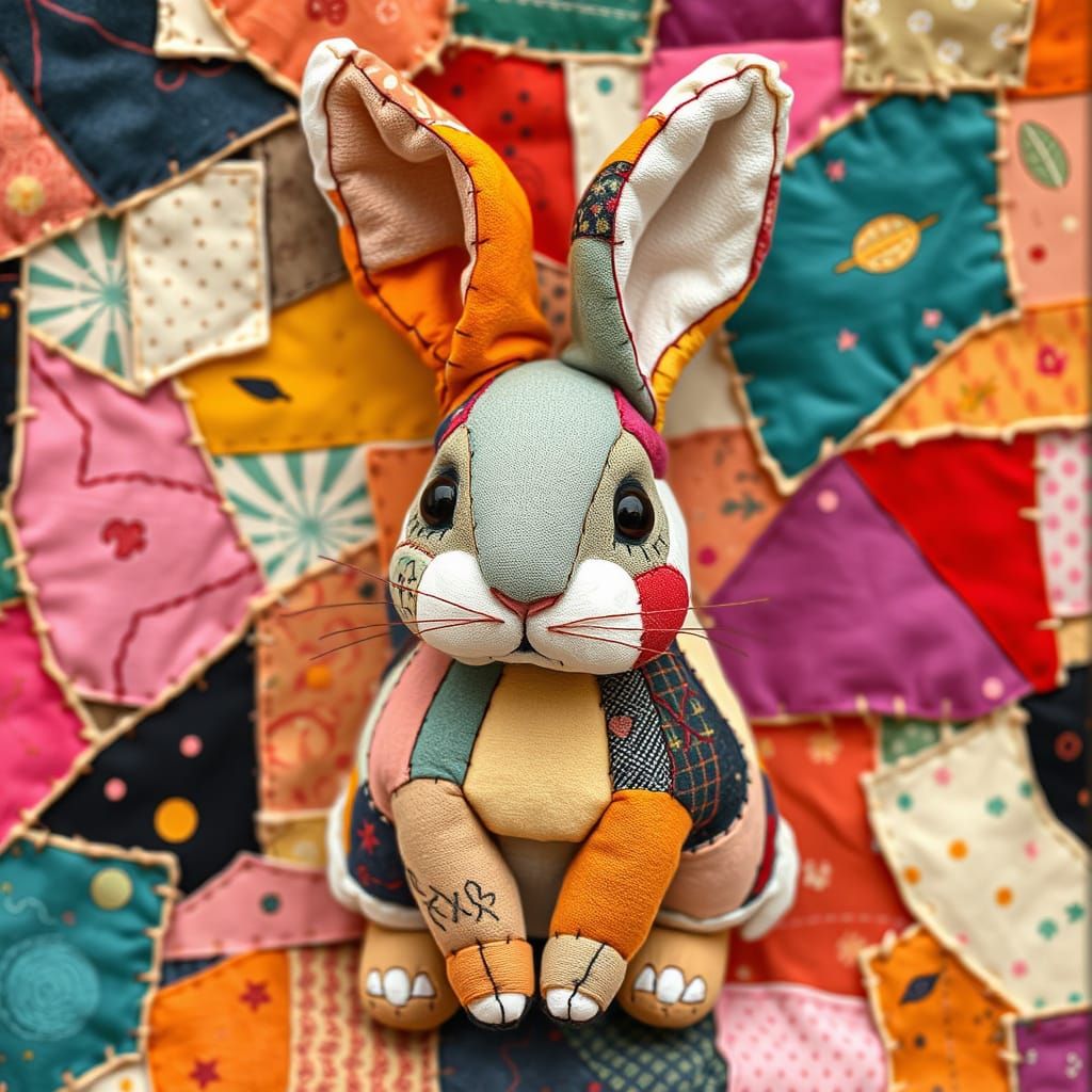 Vibrant Patchwork Rabbit with Intricate Textile Details