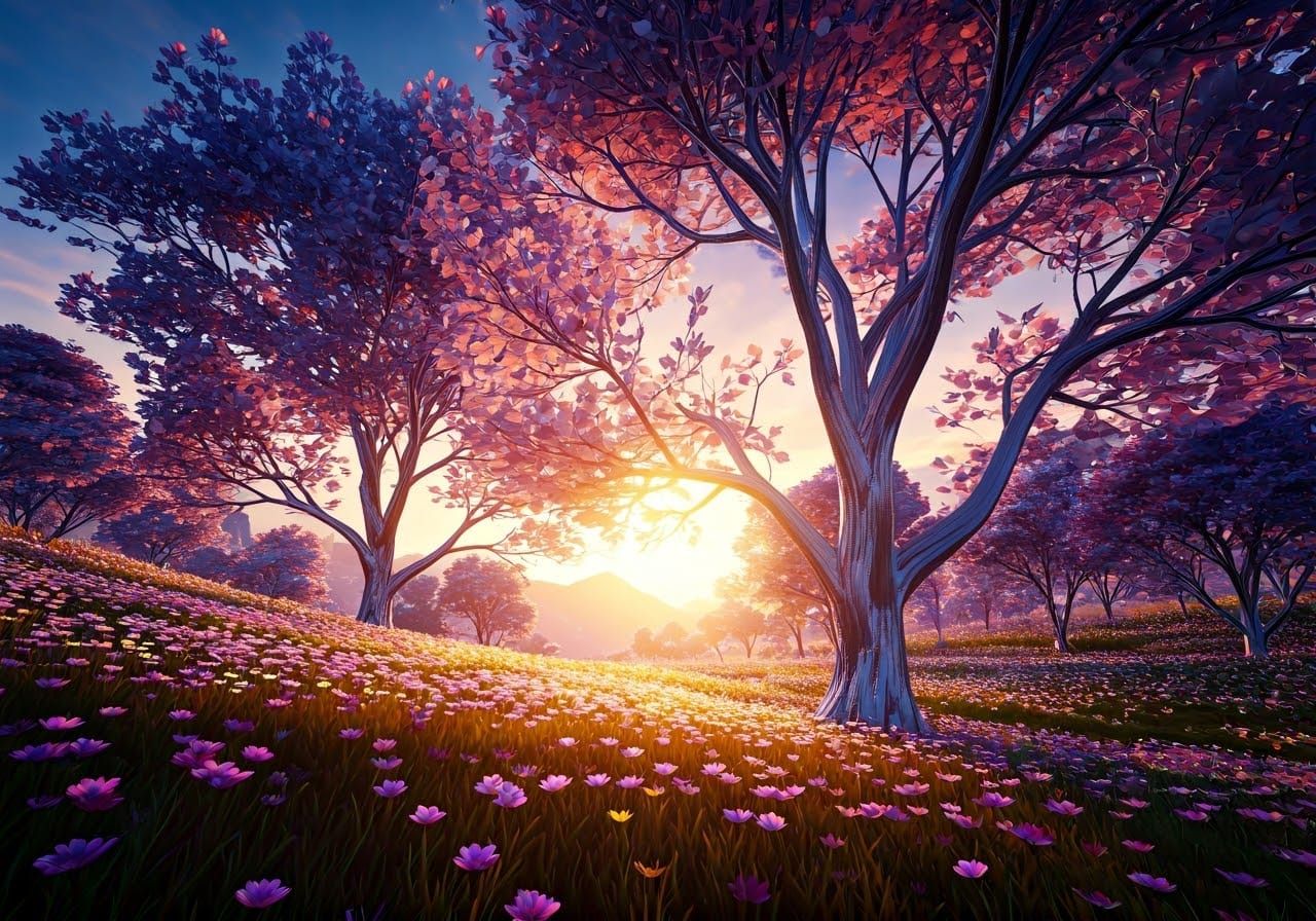 Ethereal Valley of Wildflowers in Vibrant Hues