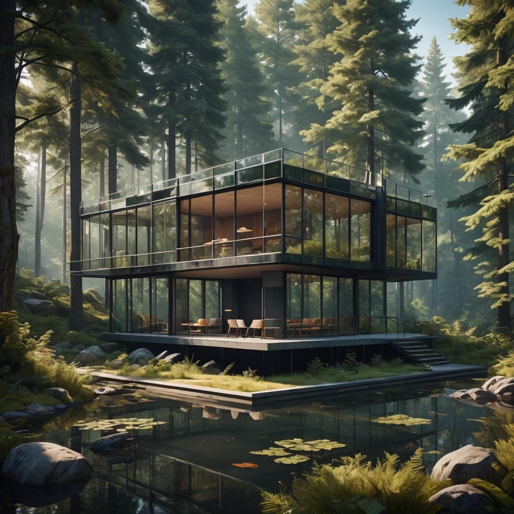 Hyperrealistic Postmodern Vacation House in Forest