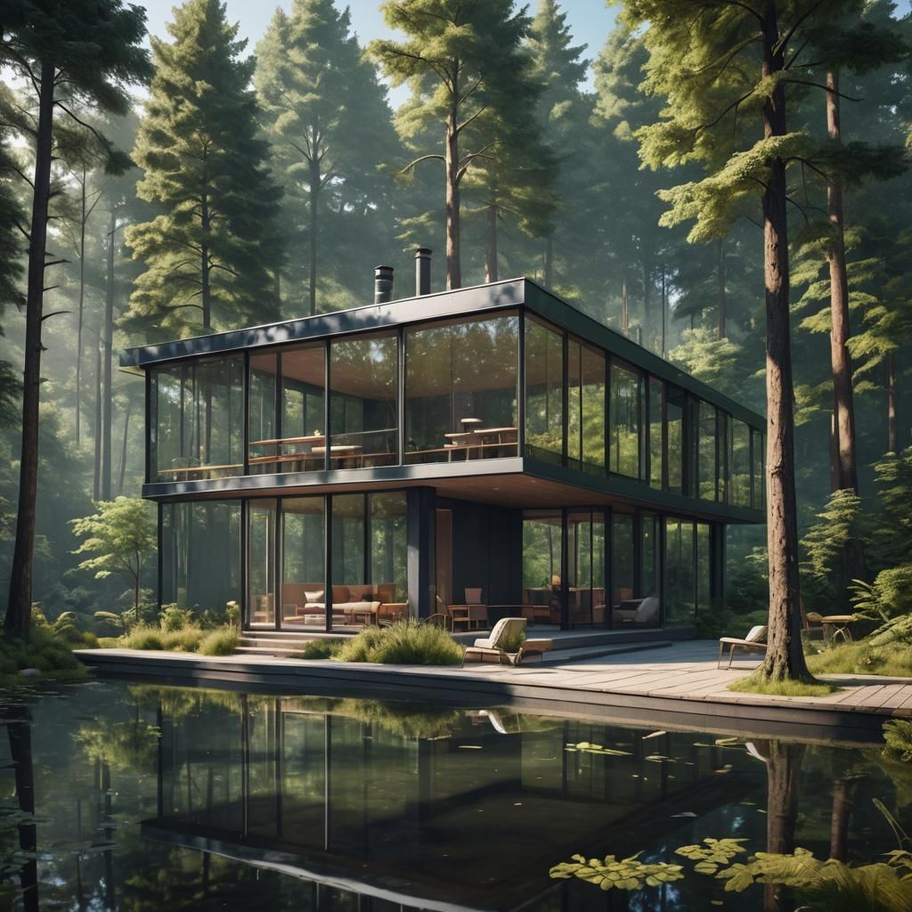 Hyperrealistic Postmodern Vacation House in Forest