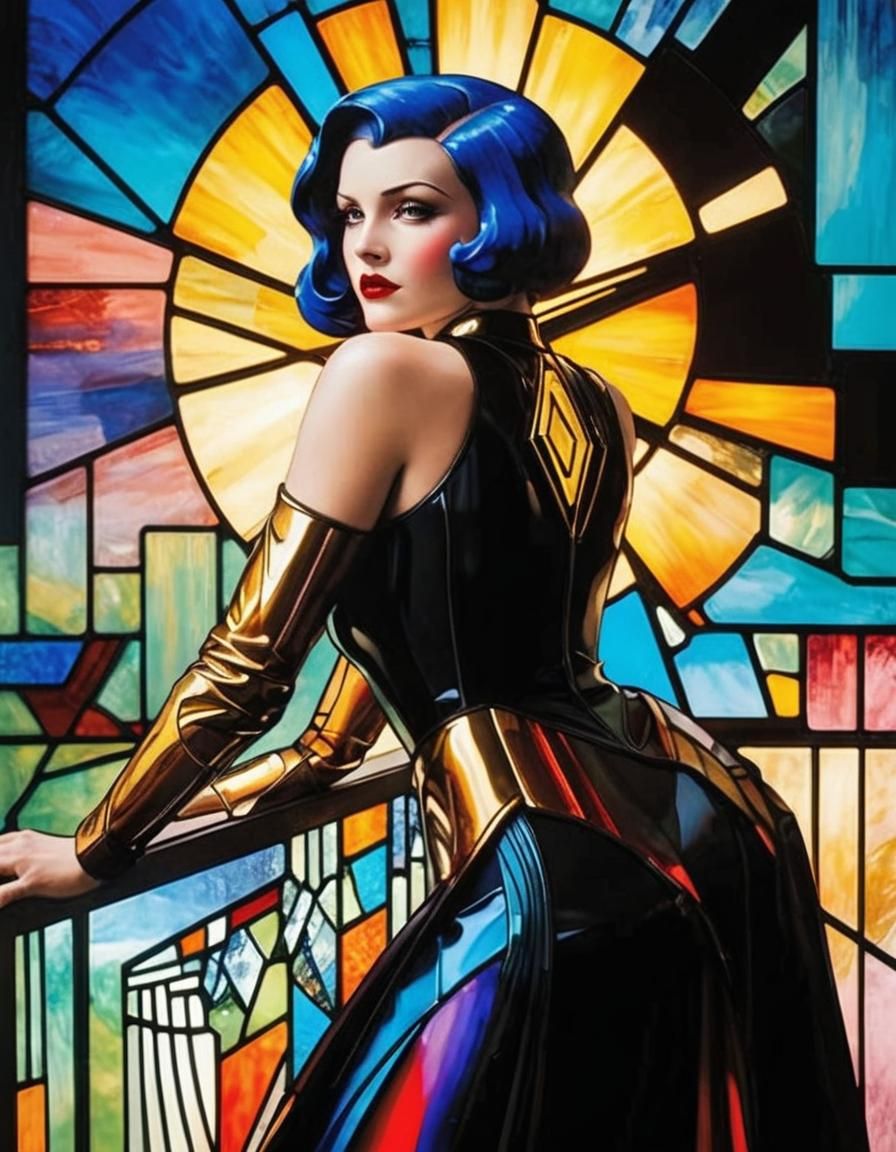 Art Deco Stained Glass in Surrealist Cubism Style