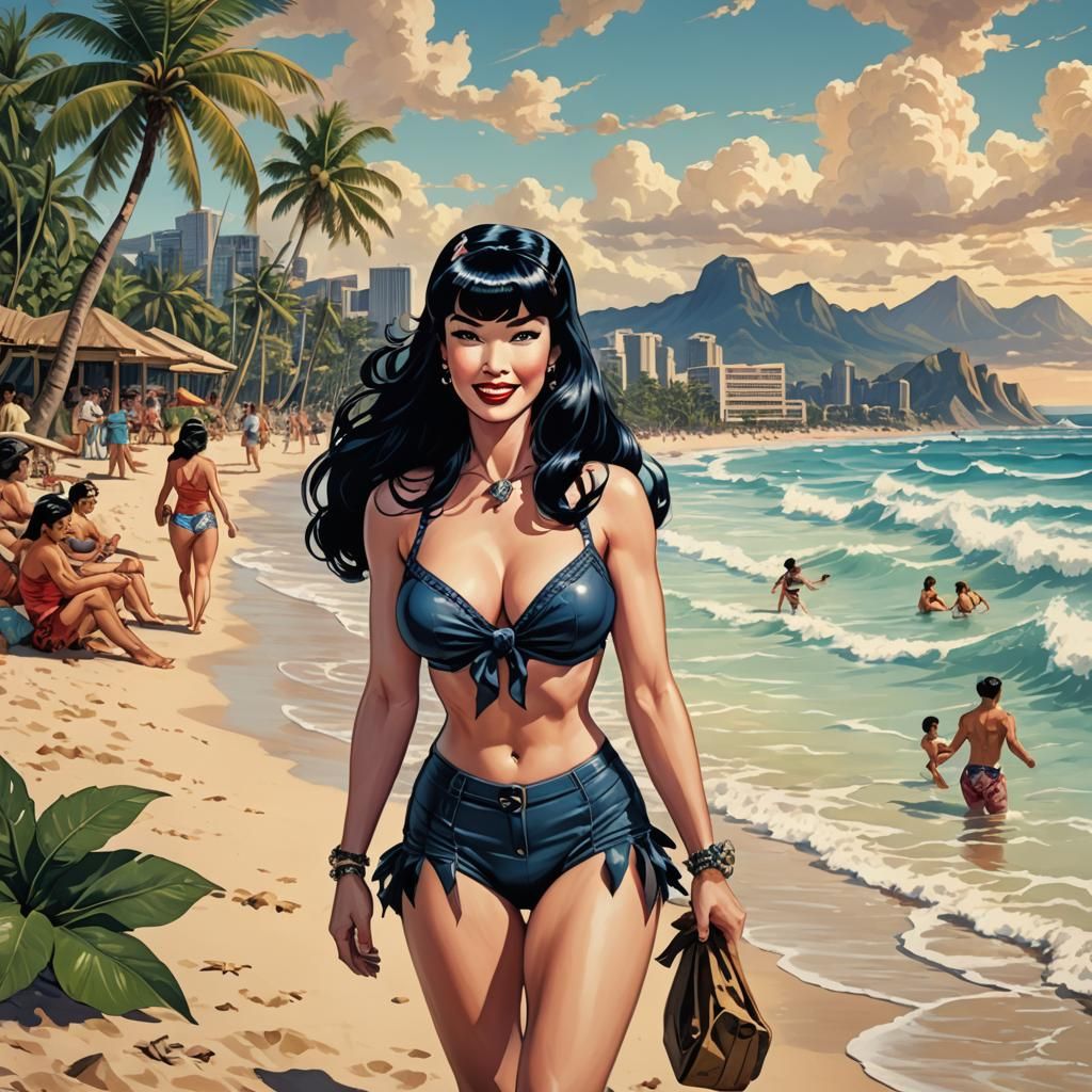 Bettie Page on Waikiki Beach in Anime Style