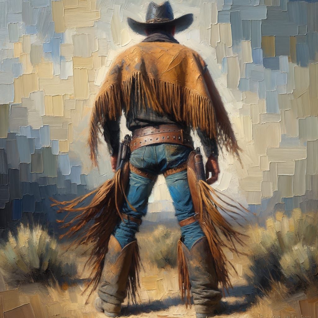 Lone Cowboy in Desert, Impasto Oil Painting