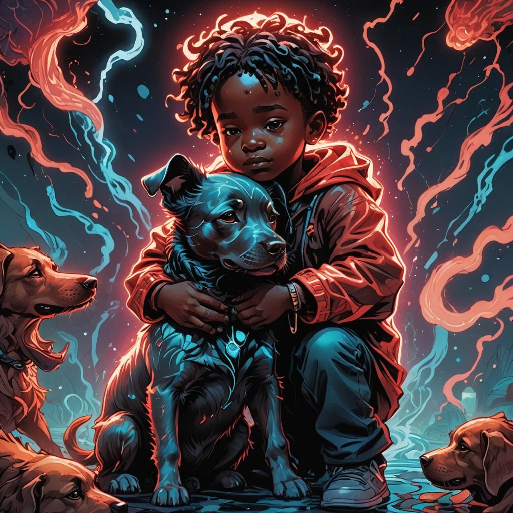 Neon African Toddler Hugging Dog Illustration