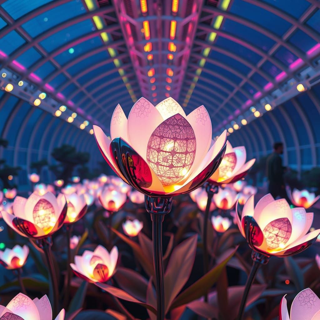 Sleek Futuristic Greenhouse Blooms with Mechanical Flowers i...