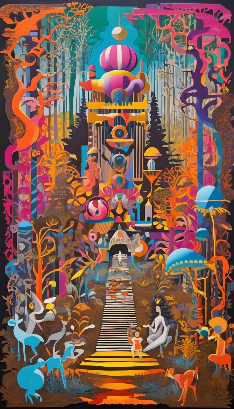 Rococo Forest Scene with Brutalist Architecture