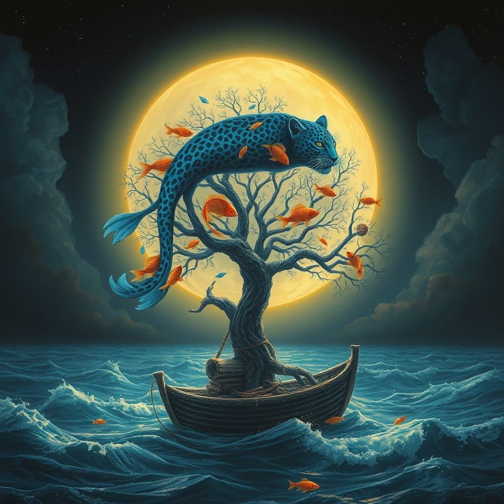 Surreal Cityscape with Blue Jaguar Shaman Gods