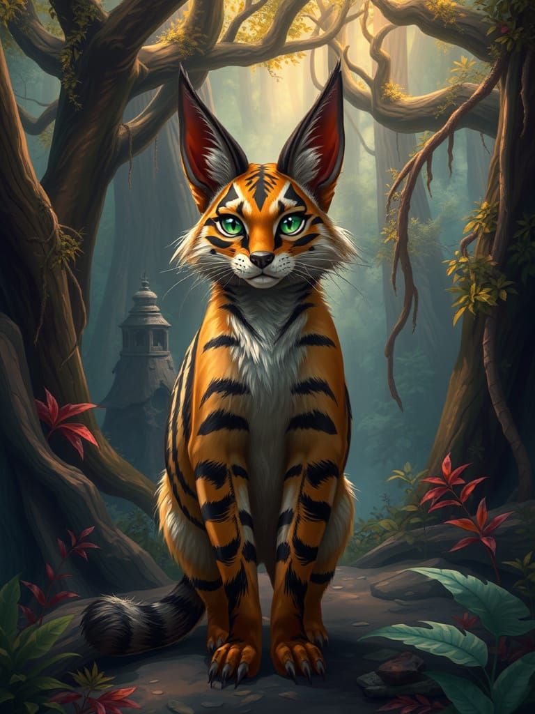 Regal Tabaxi Amidst Ancient, Mystical Forest