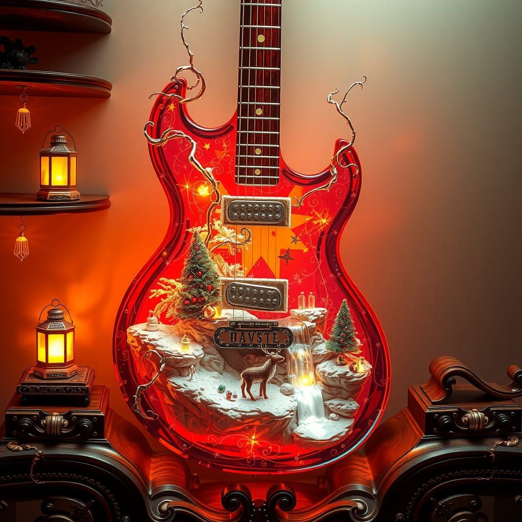 Glowing Crystal Guitar with Miniature Christmas World