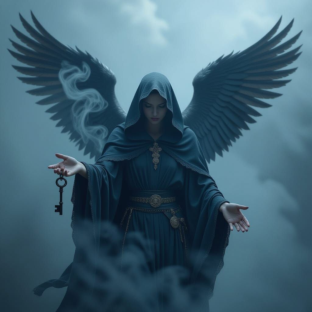 Angel Offering Key in Dark Surrealist Style
