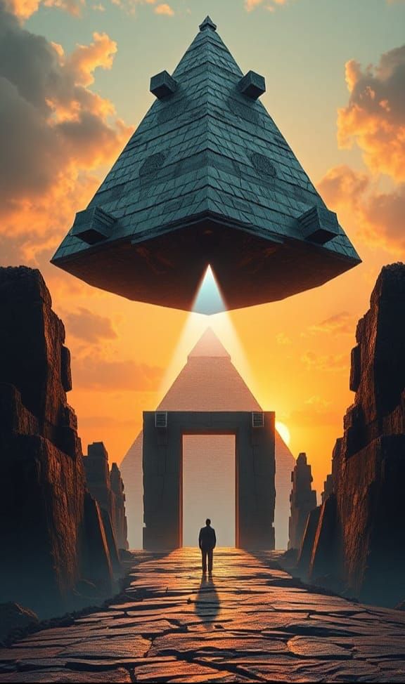 Surreal Island Fortress with Floating Pyramids