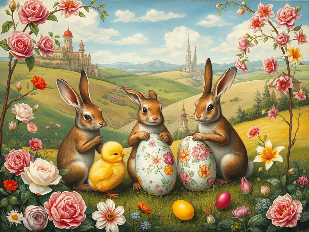 Whimsical Renaissance Landscape with Easter Animals